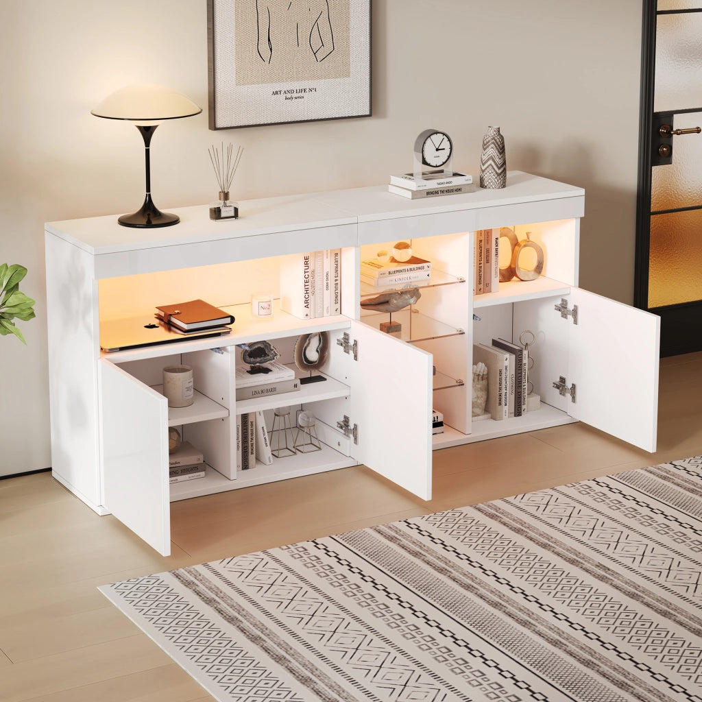 Credenza e madia con LED e 3 ante, 1 vano aperto e ripiani in vetro, per soggiorno, bianco, 155,5 × 35 × 72 cm