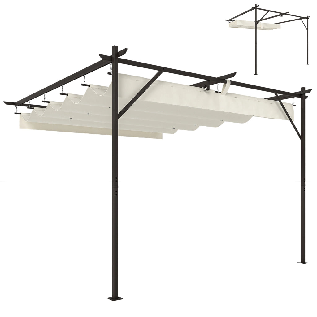 Gazebo Pergola Addossata 3x3 m con Tetto Scorrevole e Fori di Drenaggio, Crema