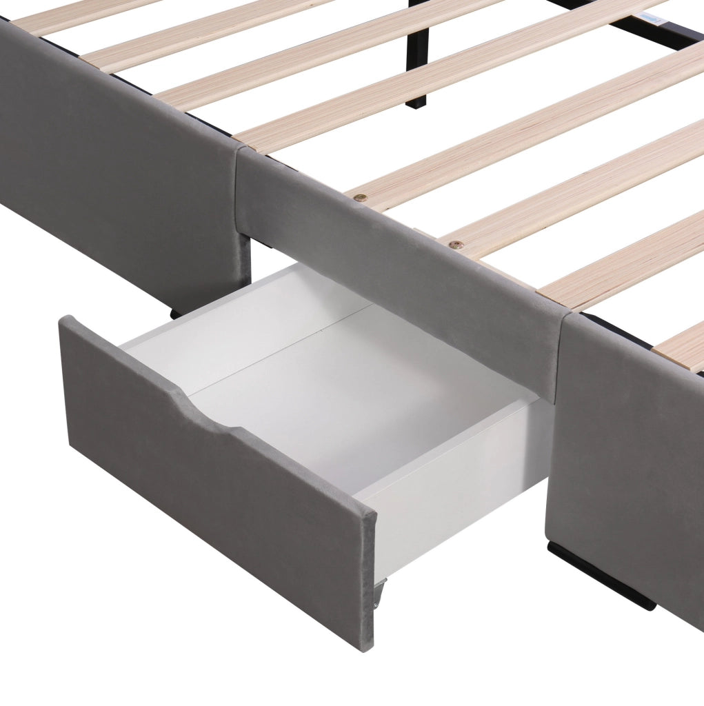 Letto imbottito 140x200 cm in velluto grigio con rete a doghe e 4 cassetti