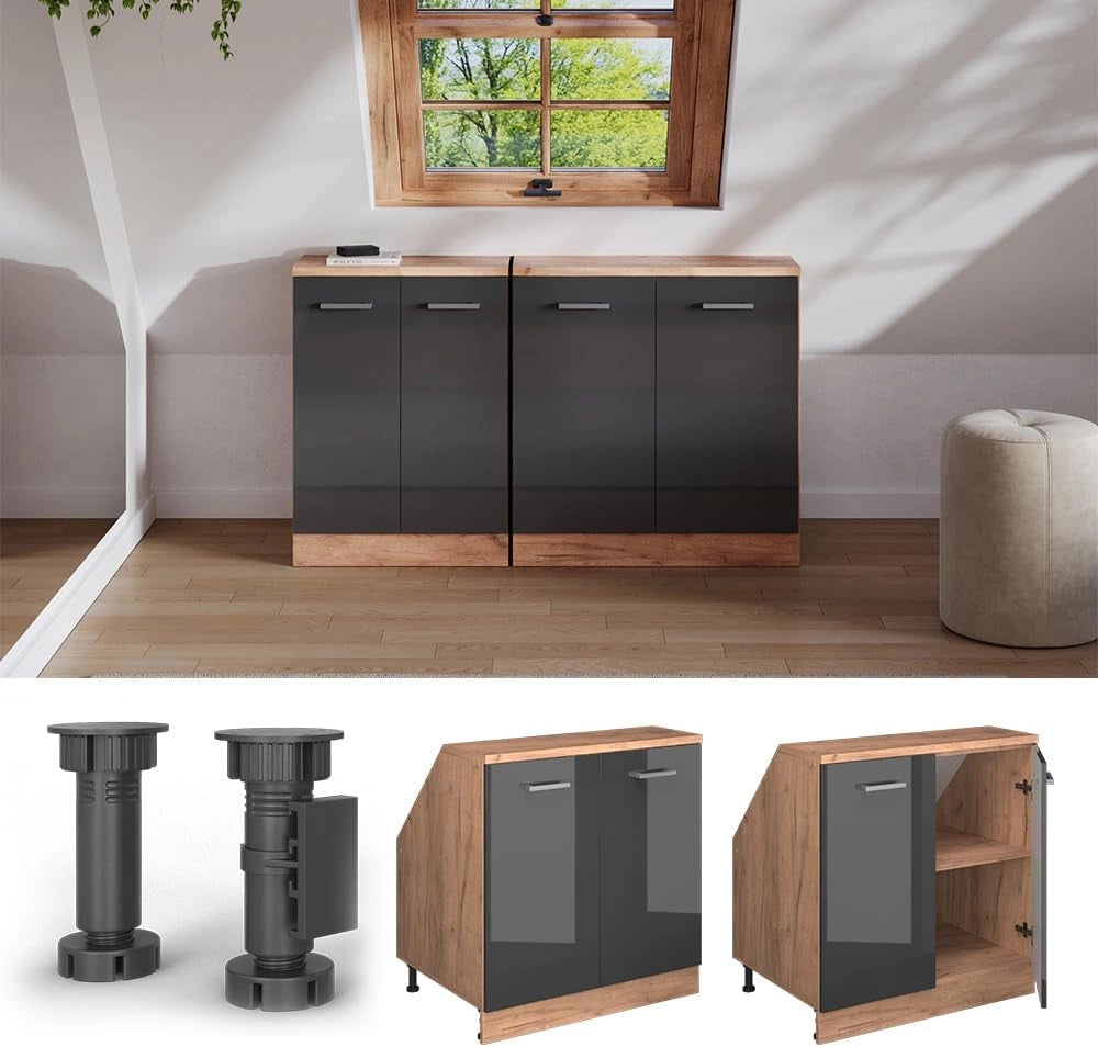 Mobile sottotetto Rion, Antracite lucido, 80 x 81.6 cm con 2 porte, carcassa 60 cm profondità, adatto per il salvaspazio sotto tetti spioventi