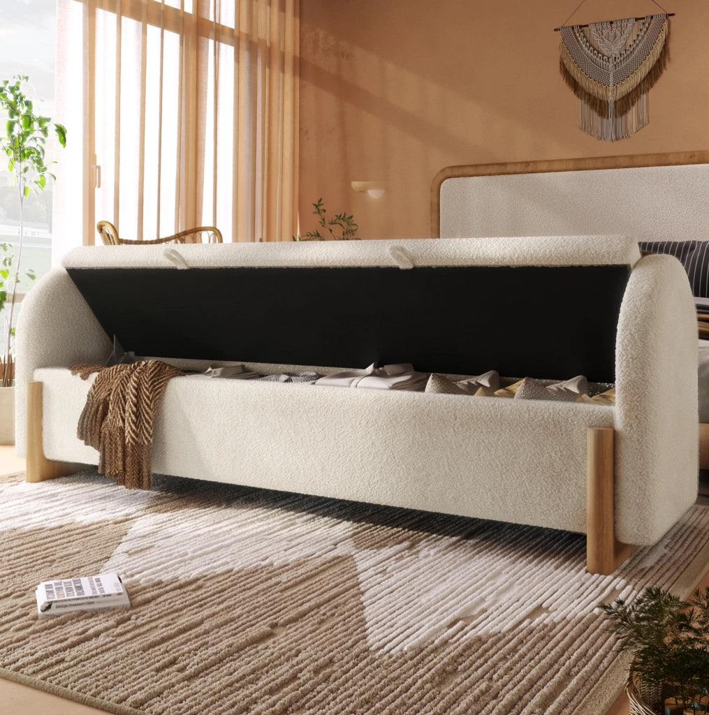 Panca contenitore imbottita 166x47x61 cm in bouclé bianco con struttura in legno