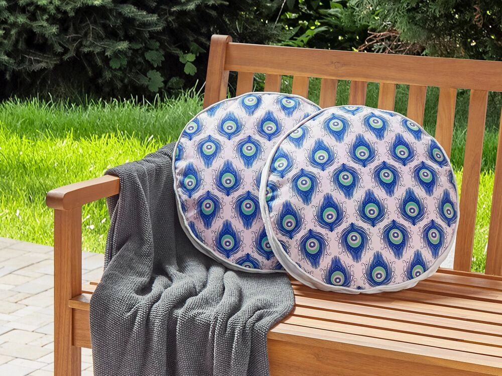 Set di 2 cuscini da giardino in tessuto di poliestere blu e rosa con motivo a pavone ⌀ 40 cm esterno giardino elegante rettangolare