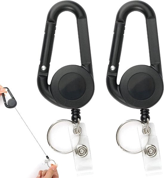 Porta Identificativi Estensibili Chiave Rotolante Chiave a Catenella con Carabiner e Anelli di Chiave - 2 Pezzi Nero
