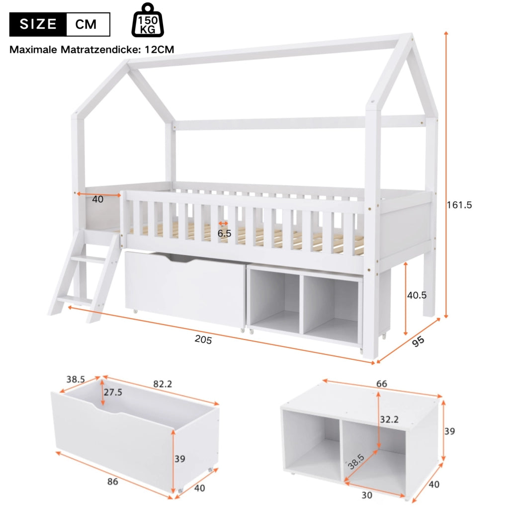 Letto a casetta 90 x 200 cm bianco in legno di pino con cassetti