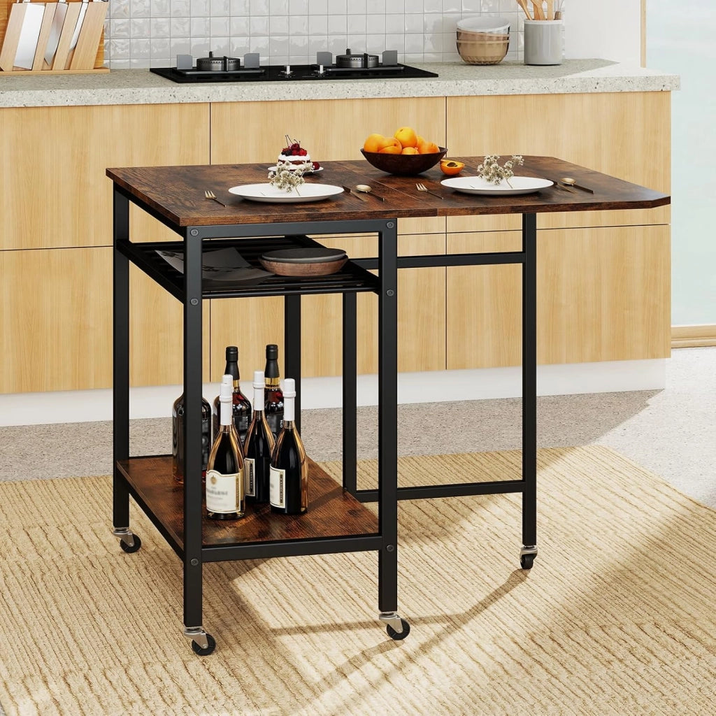 Tavolo da Pranzo per 2-4 Persone, Tavolo Pieghevole con Ampio Piano, Portabottiglie, Ripiano Portaoggetti e Ruote Bloccabili per Cucina, Sala da Pranzo e Soggiorno, 75 x 80 x 75 cm