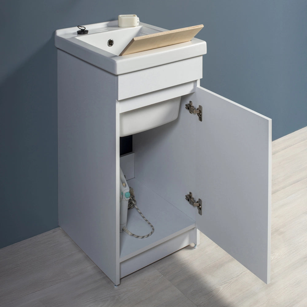 Mobile lavatoio 45x51 cm bianco opaco con vasca in ceramica e kit scarico