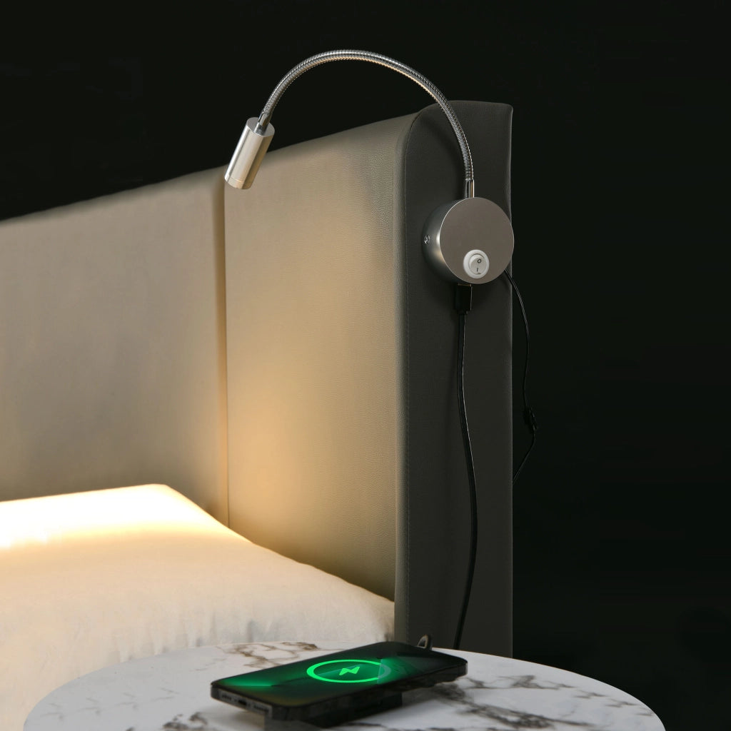 Letto Contenitore 160 x 200 cm; Letto Matrimoniale con Lampada da Lettura; USB e Vano; senza Materasso; PU Grigio