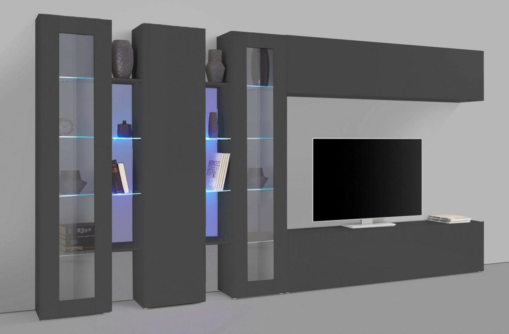 Parete attrezzata Atta, Set salotto porta TV a 5 ante, Mobile soggiorno multiuso, 100% Made in Italy, cm 340x30h180, Antracite