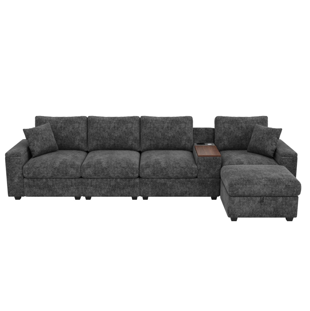 Sofa modulare 5-6 posti con pouf; USB/Type-C; portabicchieri e tavolino girevole 313x147x82 cm; grigio