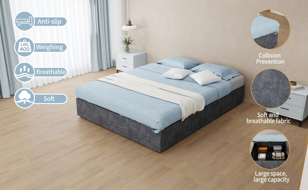 DESMIU Letto singolo 140 × 200 cm con rete a doghe, senza materasso, in tessuto grigio e metallo