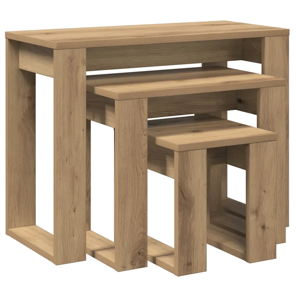 Nido di Tavoli 3 pz Rovere Artigianale in Legno Multistrato