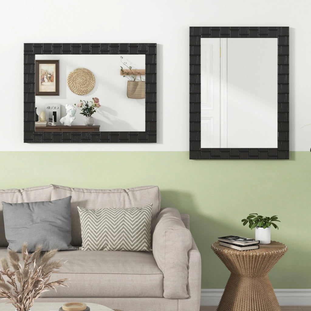 Specchio da parete con cornice in legno di gomma 80x60cm, Specchio moderno rettangolare per bagno Nero