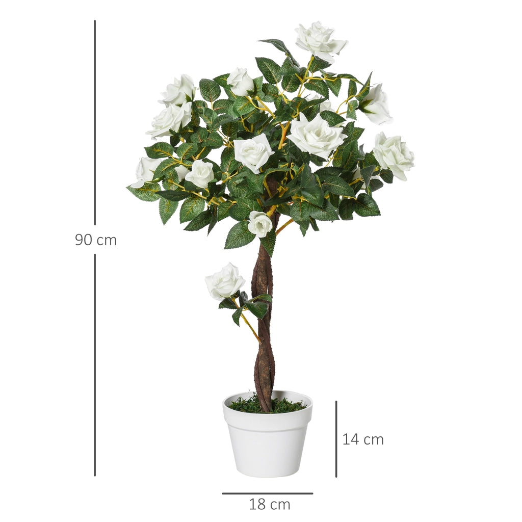 EasyComfort Pianta Finta di Rosa da 21 Fiori con Vaso Riempito in Cemento e Muschio, Pianta Artificiale in Plastica e Tessuto, Ø18x90 cm, Bianco e Verde