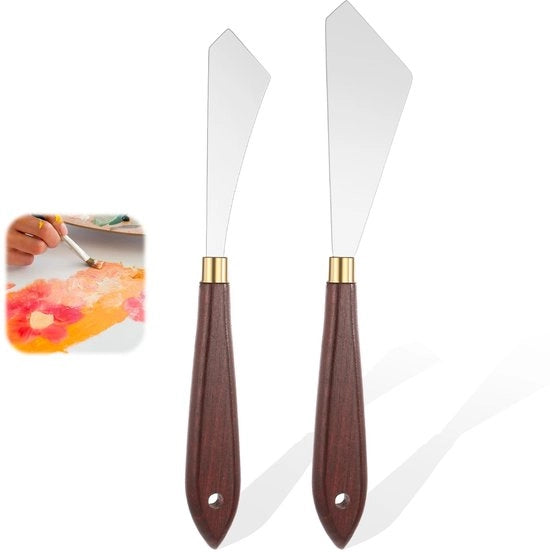 Set di pennelli a palette 2 pezzi - Acciaio inossidabile - Manico in legno - Pennello a smerigli - Pennello a schiuma - Per pittura a olio/acrilico