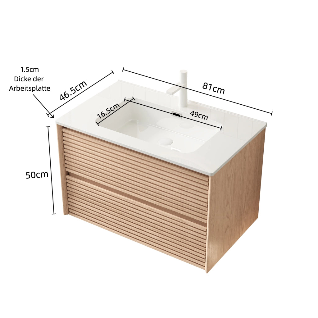 Mobile bagno con lavabo in ceramica e 2 cassetti per bagno; in compensato; bianco e noce; 81×46.5×51.5 cm