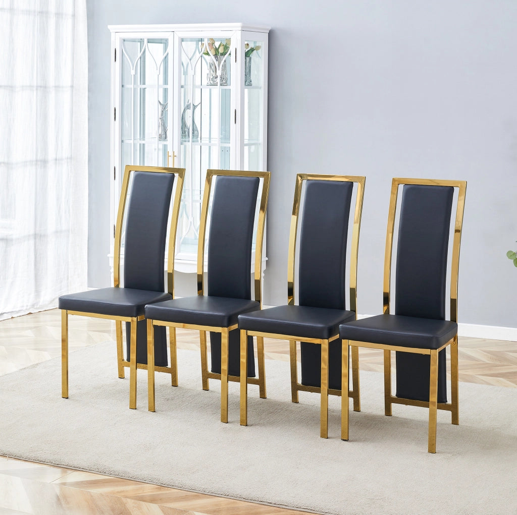 Set di 4 sedie da pranzo moderne con bordo dorato; 109 cm; in PU nero e metallo dorato