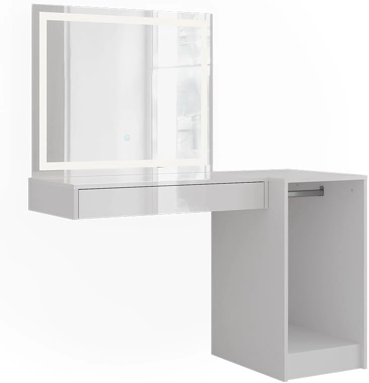 Tavolo da toeletta Sherry, Bianco/bianco lucido, 120 cm 3 parti, con illuminazione LED e grande specchio per la cura quotidiana