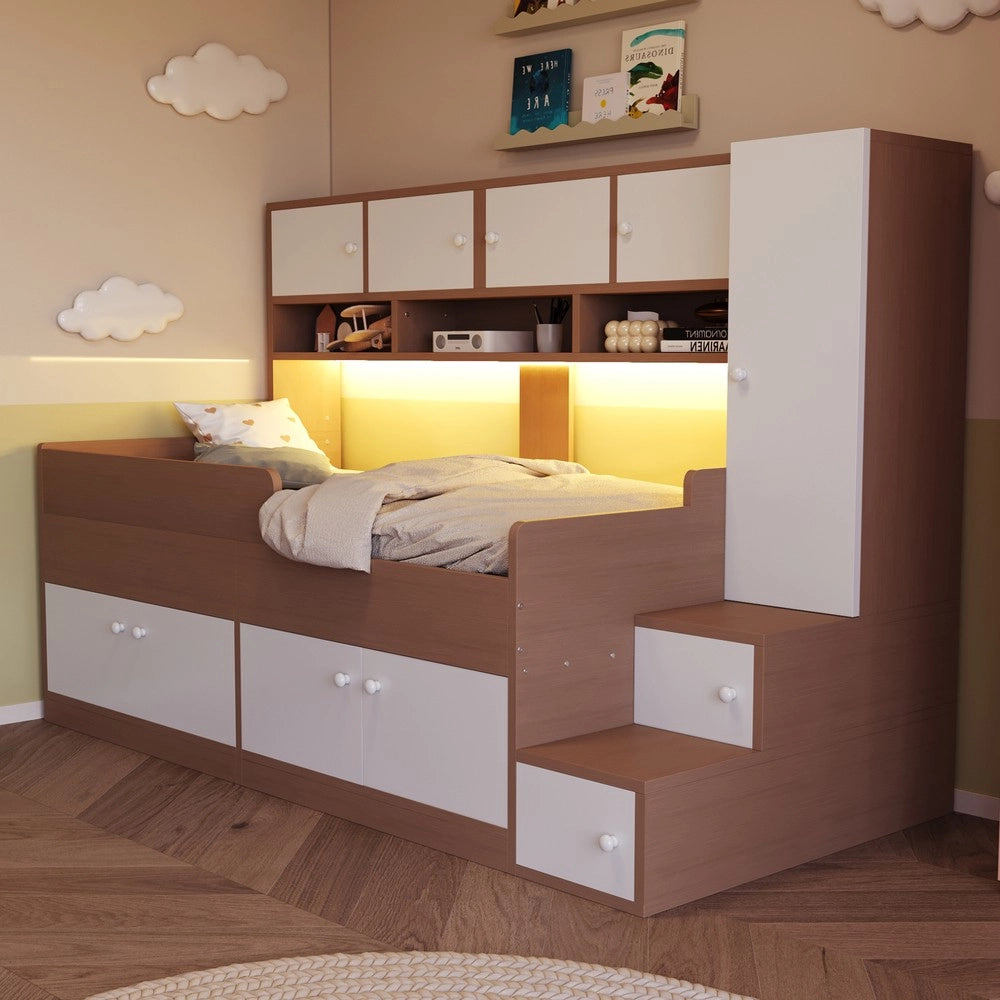 Letto Bambini in Legno con Soppalco, LED, Cassetti e Armadio ¨C Xylo ¨C 90x200