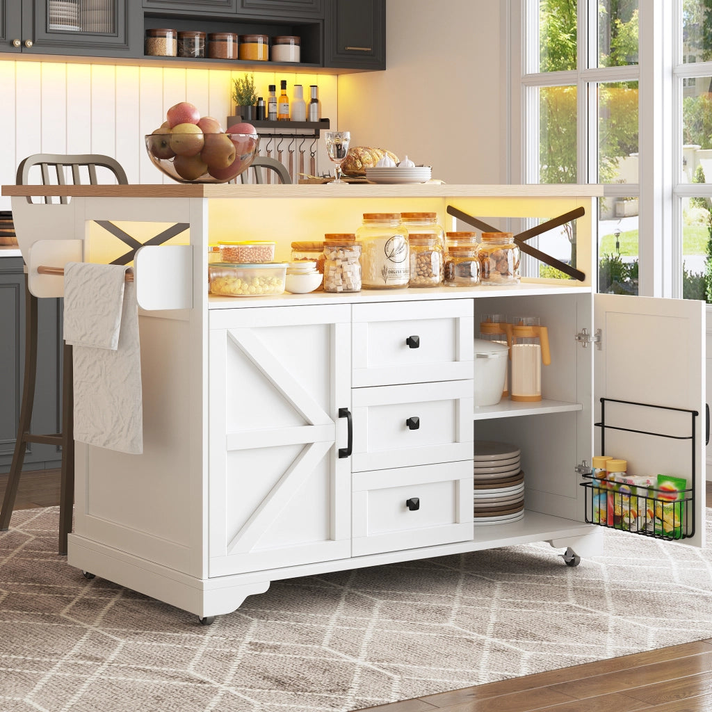 OKWISH Carrello da cucina con piano pieghevole, vani portaoggetti su due lati, luce led e ruote, per cucina e soggiorno, MDF, Bianco
