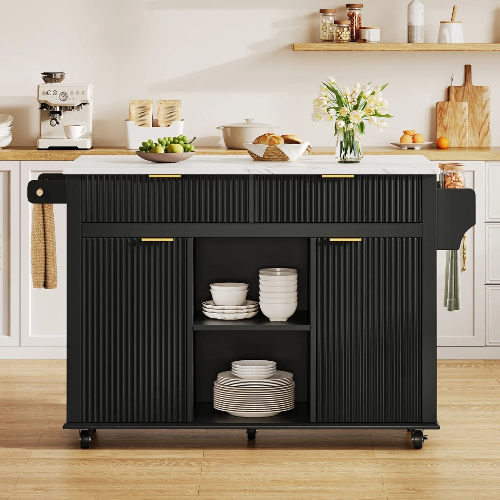 Isola da cucina su ruote 143 x 45/69 cm con piano ribaltabile, 2 cassetti, 2 ante e porta-spezie, finitura Nero/Naturale