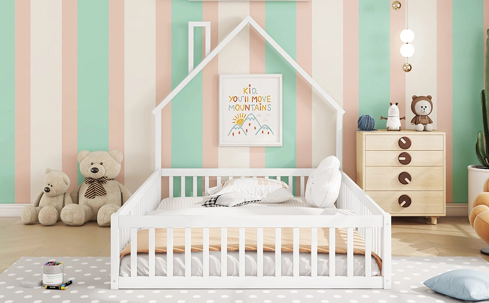 DESMIU Letto per Bambini 140 × 190 cm 2 Posti con Sponde di Sicurezza, Senza Materasso, in Pino e MDF, Bianco