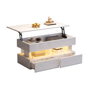 Tavolino da caffè con piano alzabile; 2 cassetti e LED - per soggiorno - 100×50×46 cm - bianco