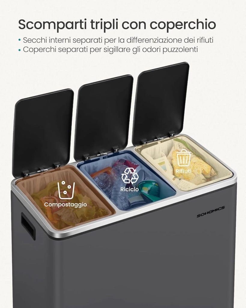 SONGMICS Cestino da Cucina, Pattumiera per Raccolta Differenziata 3 x 18L, 3 Scomparti per Riciclaggio, Coperchi a Chiusura Morbida, Pedali, Acciaio, Grigio Opaco LTB054G01