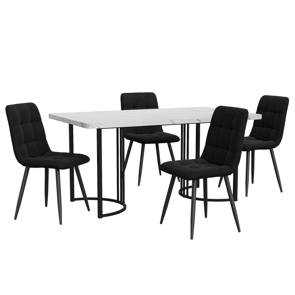 Tavolo da pranzo con 4 sedie in MDF effetto marmo bianco e metallo, set moderno per cucina e sala da pranzo 140 × 80 × 75 cm
