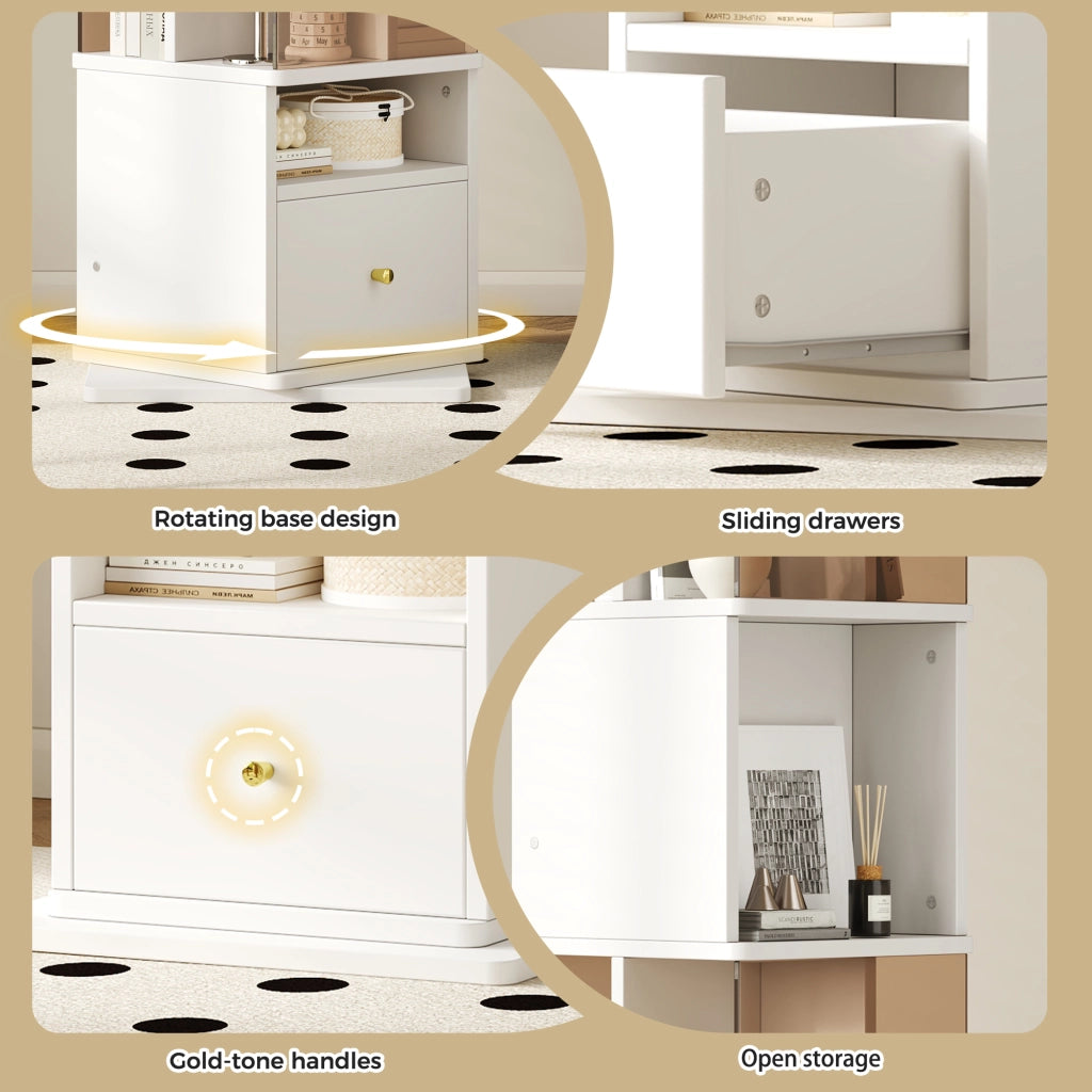 Vetrina girevole con led, 1 cassetto e vani aperti, per soggiorno e studio, in MDF e vetro, bianco e marrone, 50 × 50 × 160 cm