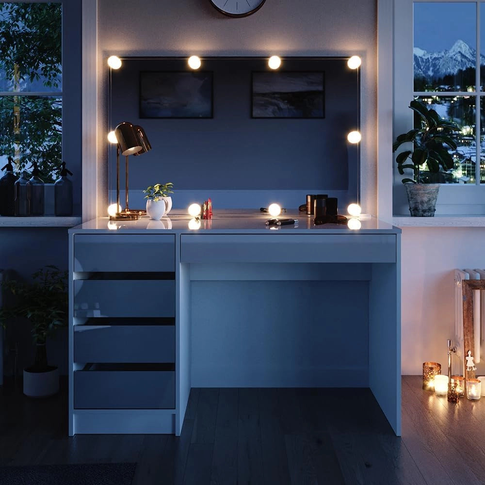 Tavolo da toeletta Sherry, Bianco, 120 cm con illuminazione a LED, con illuminazione LED e grande specchio rettangolare