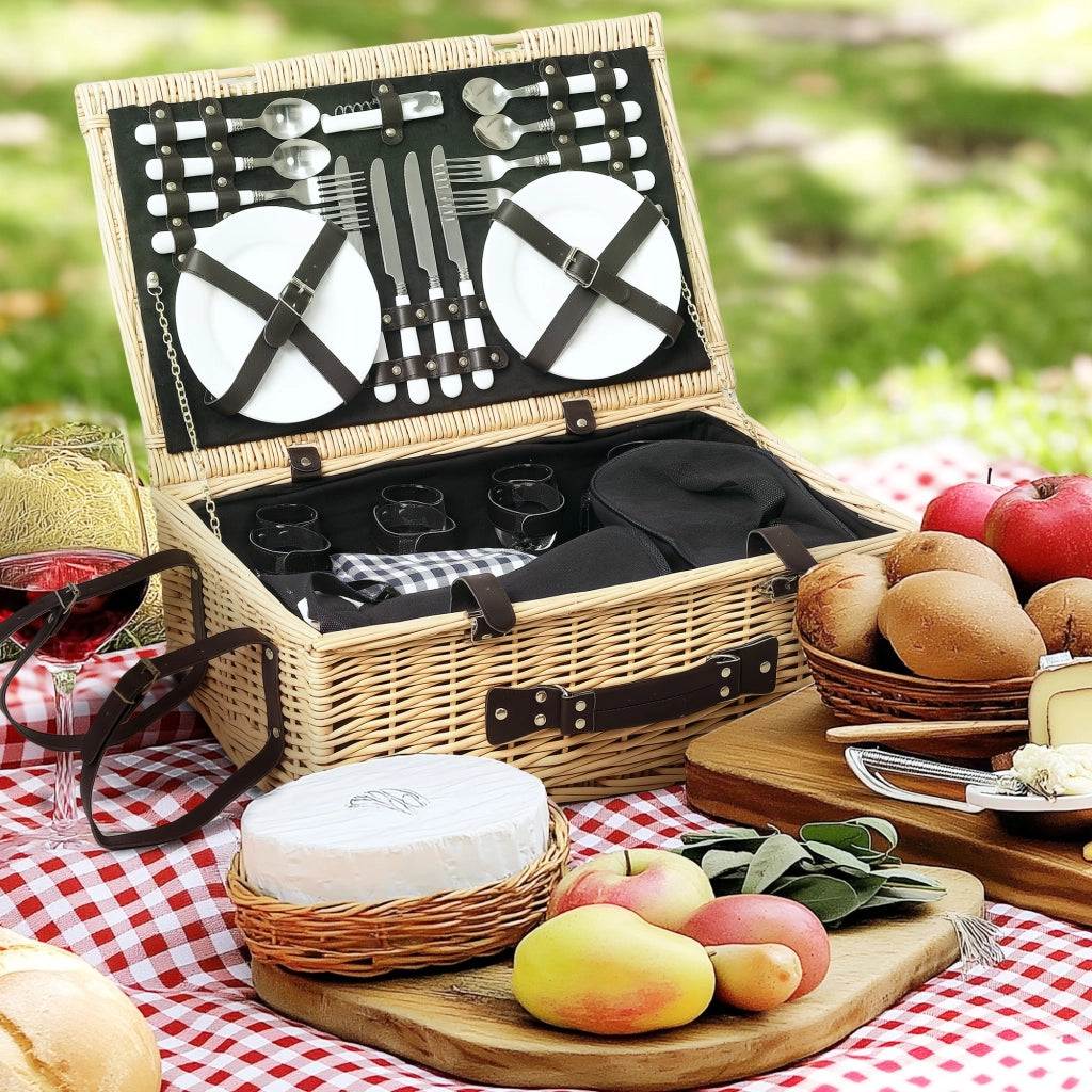 Cesta Valigetta da Pic Nic per 4 Persone 24 Pezzi in Vimini color Legno