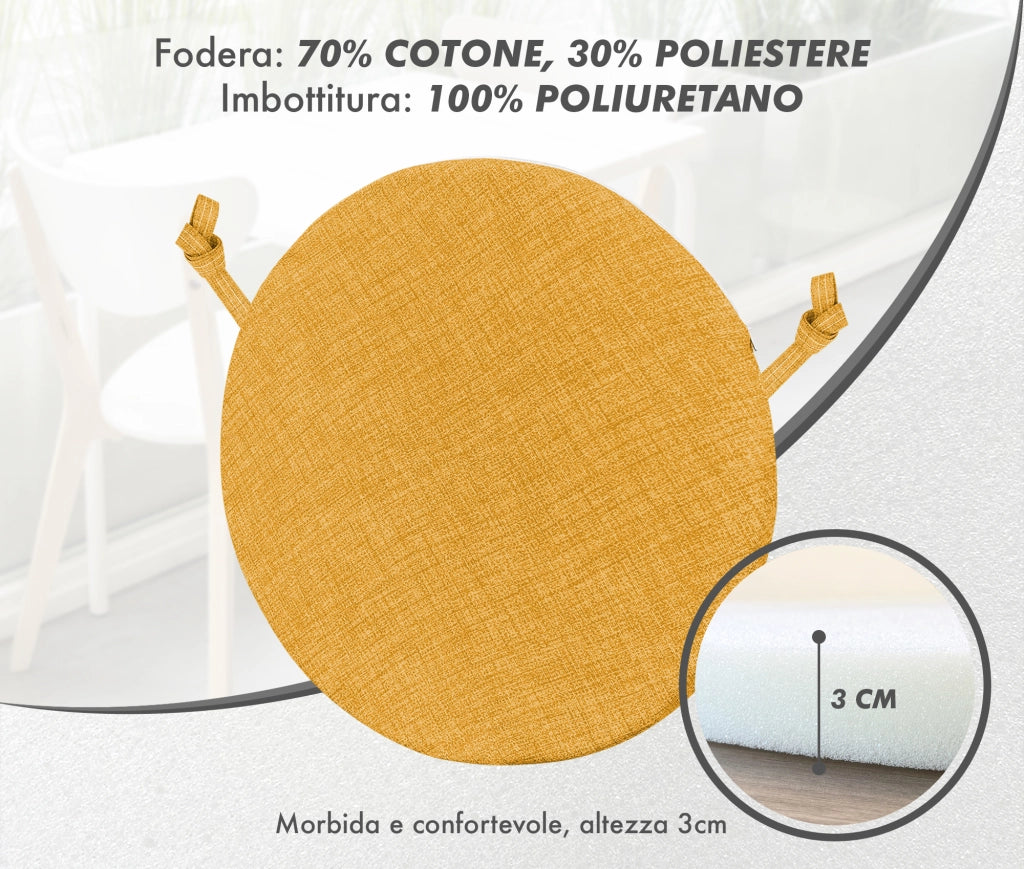 Cuscini Rotondi Per Sedie Cucina Imbottiti Sfoderabili Con Cerniera Cuscino Rotondo Ø 40 Cm Sedia Tavolo Lavabile In Lavatrice Con Lacci Per Fissaggio Prodotto Italiano Comodi 4 Pezzi - Giallo