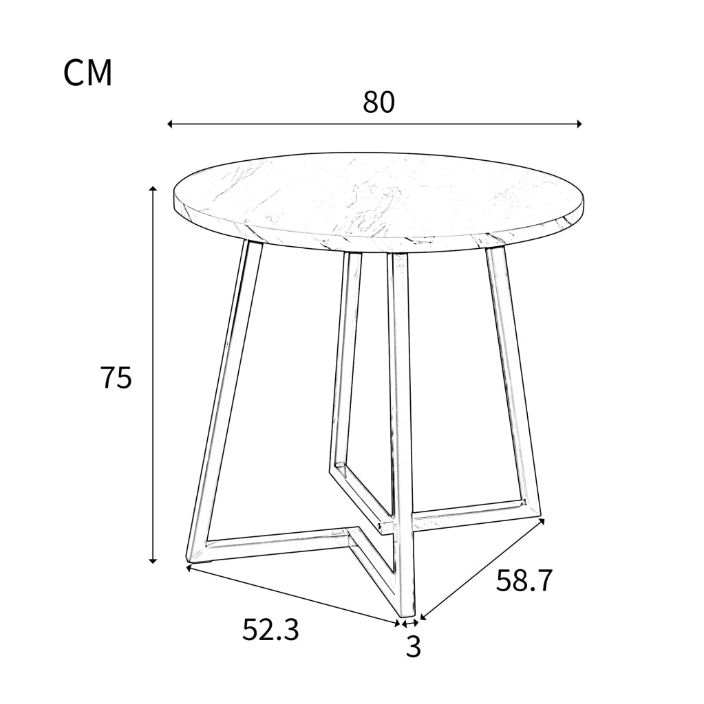 Tavolo da pranzo rotondo 80 cm in MDF effetto marmo; bianco; con base in metallo