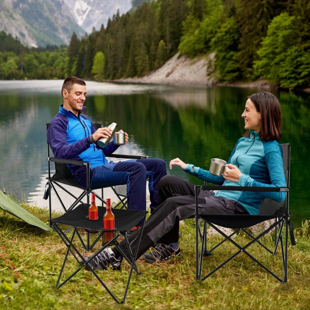 Set di 2 sedie da campeggio pieghevoli con tavolo per pesca, Sedie portatili e tavolino con 2 portabicchieri Nero-Tavoli e sedie da campeggio