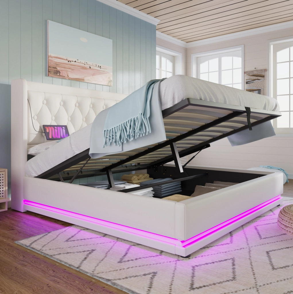 Letto contenitore 180x200 cm in PU bianco con LED e USB Tipo-C