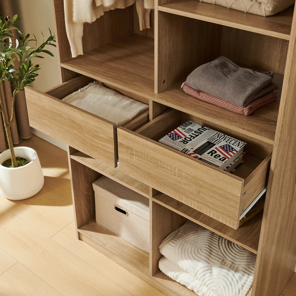 Armadio Aperto Vippsaki Guradaroba con Barra Appendiabiti 7 Scomparti e 2 Cassetti 200 x 100 x 50 cm - Effetto Rovere [en.casa]