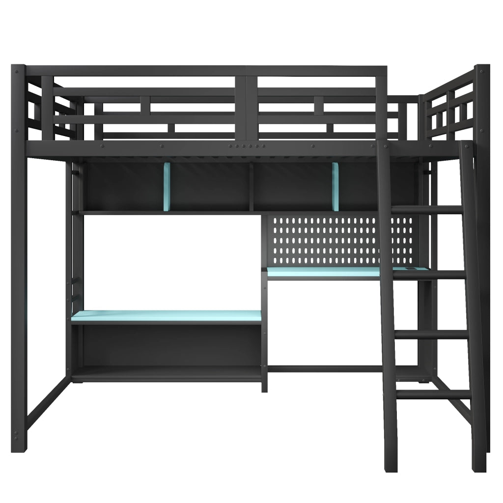 Letto a soppalco 140 × 200 cm con scrivania LED RGB e ripiani in metallo e MDF nero per studio e gioco