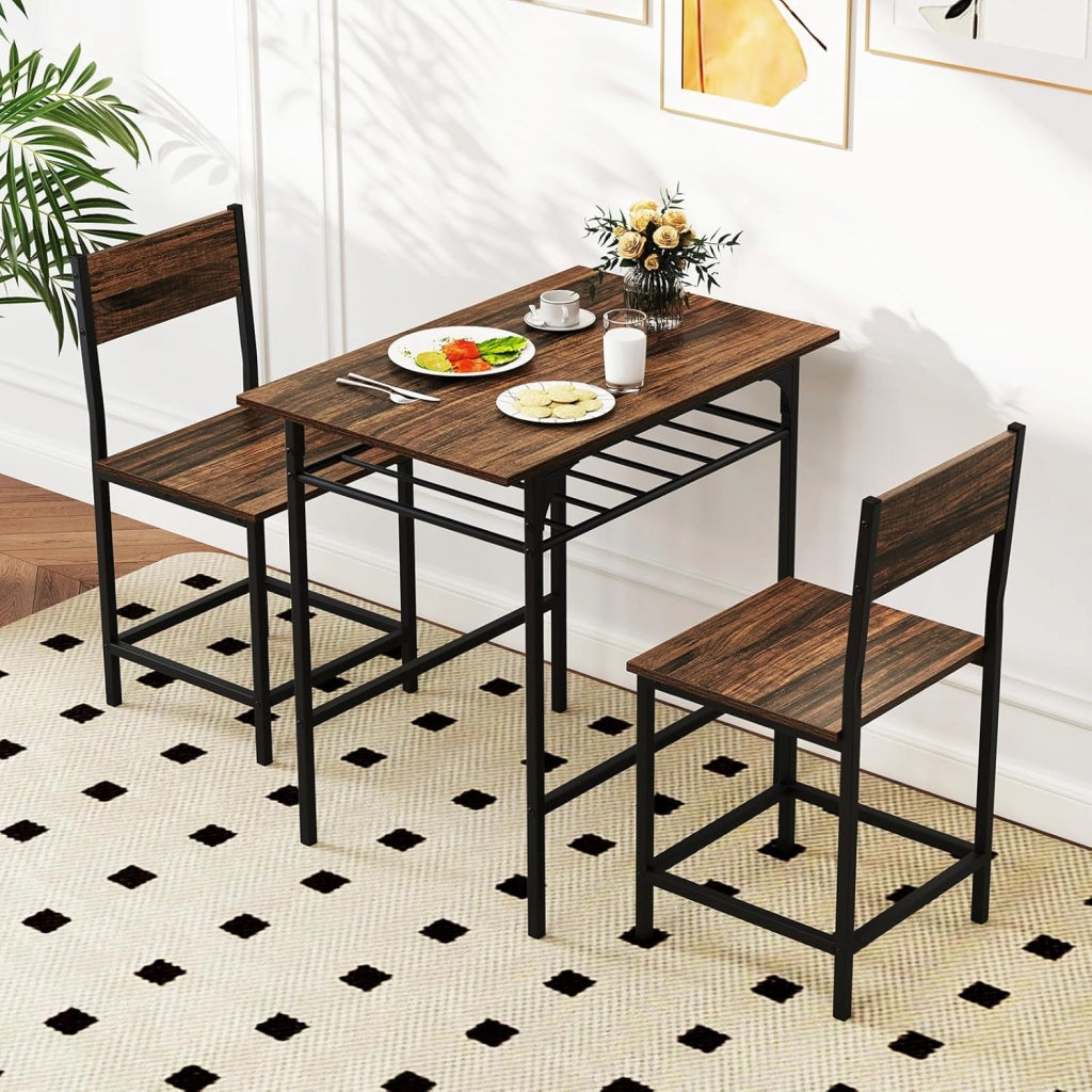 Set da Pranzo per 2 Persone, Set da 3 Pezzi di Tavolo Rettangolare in Legno e Sedie con Struttura in Metallo e Ripiano di Stoccaggio, per Angolo Colazione e Sala da Pranzo (Marrone)