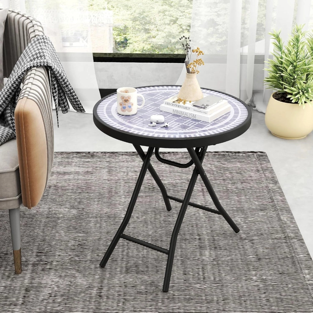 Tavolo da giardino in vetro temperato da 46 cm, tavolino pieghevole con telaio in metallo, tavolo da pranzo rotondo per patio, terrazza, balcone, tavolo laterale per interni ed esterni