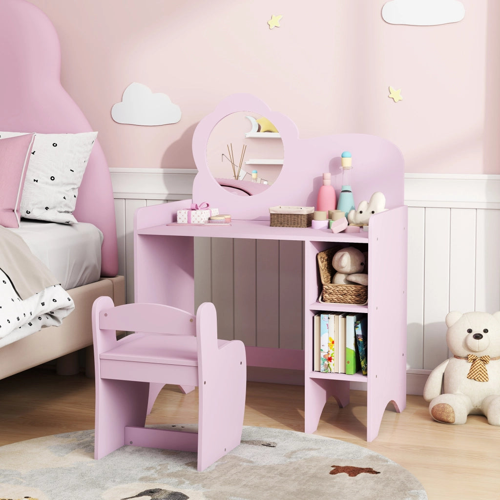 Tavolino da trucco con specchio a forma di fiore e sgabello ¨C Xylo ¨C Rosa con scaffale