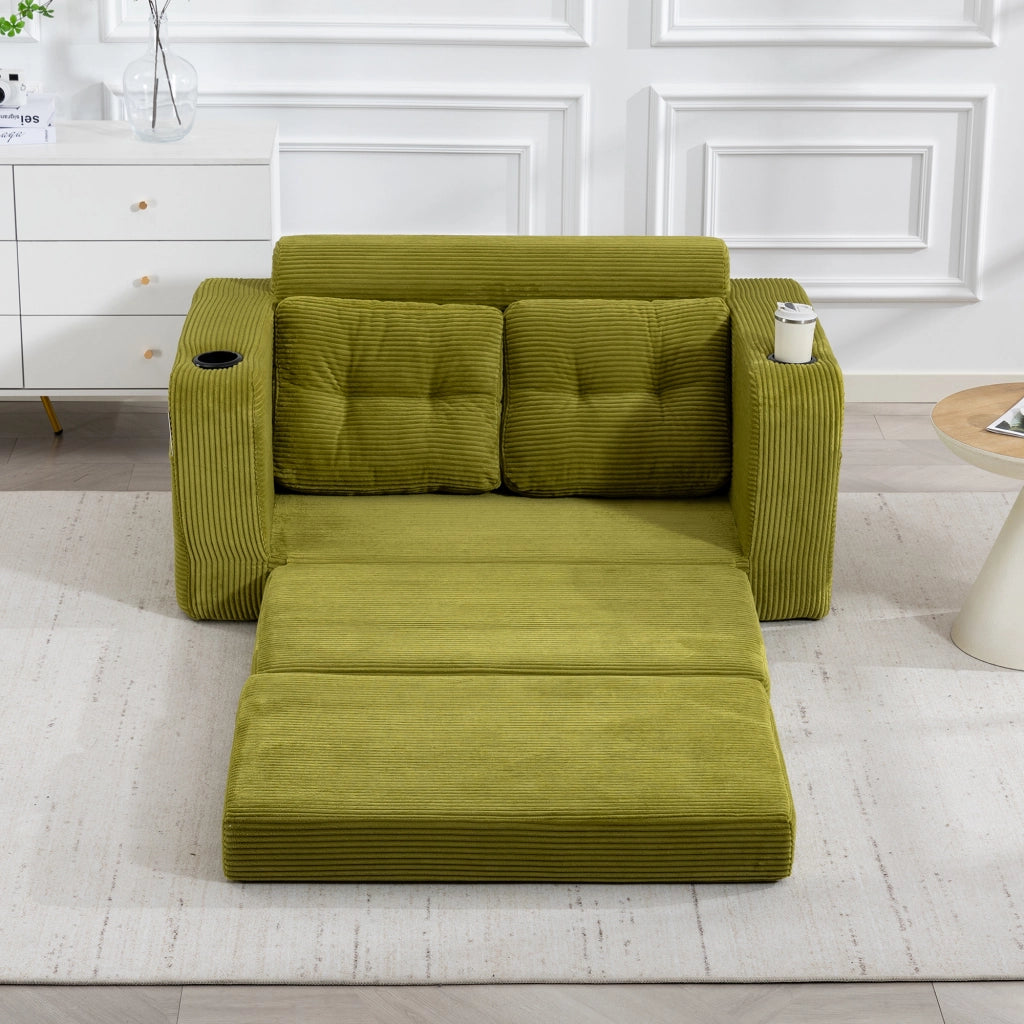 divano modulare 2 posti in velluto a coste con braccioli; portabicchieri e tasche laterali; oliva 136 Ã— 80 Ã— 82.5 cm