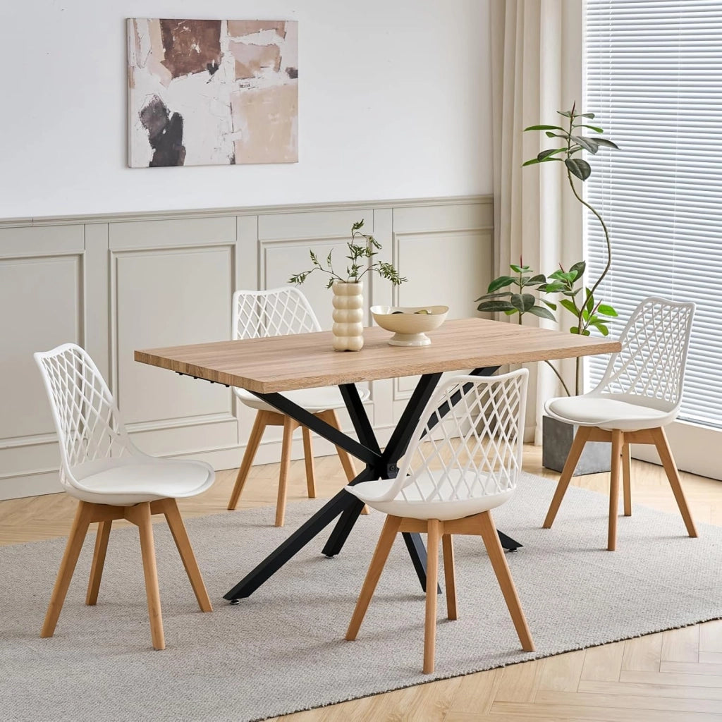 GrandCA HOME Set Tavolo e Sedie da Pranzo, Tavolo da Pranzo Rettangolare da 140 cm, 4 Sedie in Polipropilene a Rete, Adatto per Cucina, Sala da Pranzo e Soggiorno - Legno Chiaro + Kaki