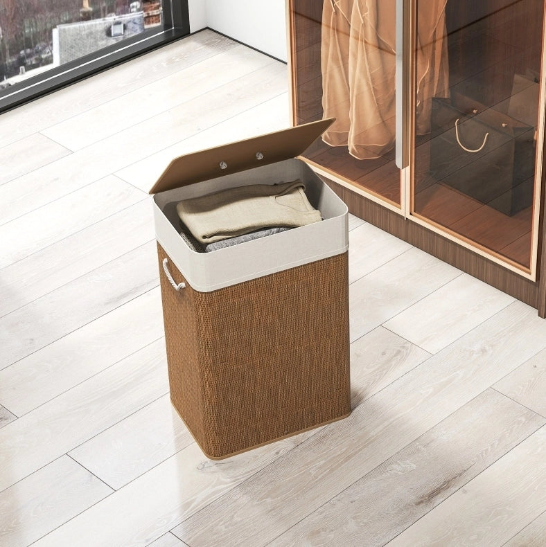 Cesto per biancheria 40x30x60 cm con coperchio e sacco rimovibile in bambù marrone