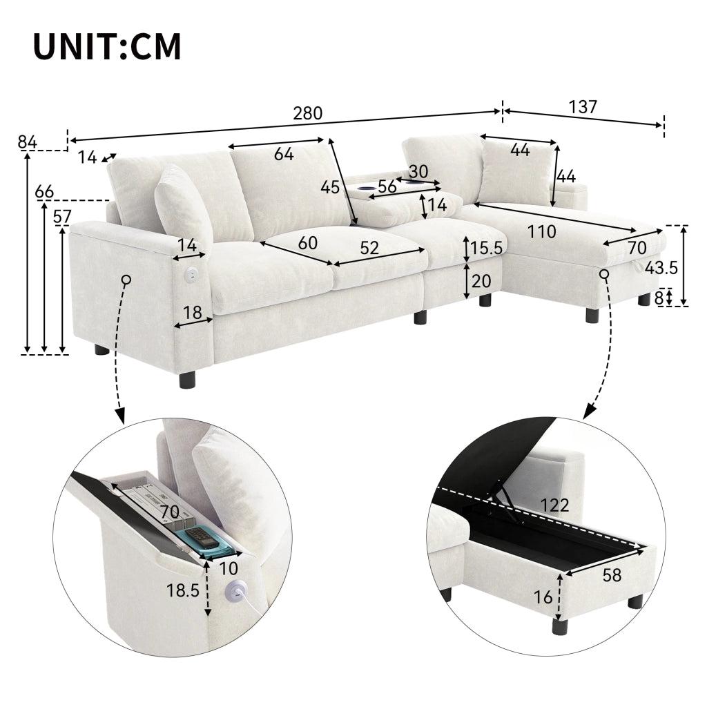 Divano letto angolare con contenitore e tavolino ribaltabile in ciniglia beige