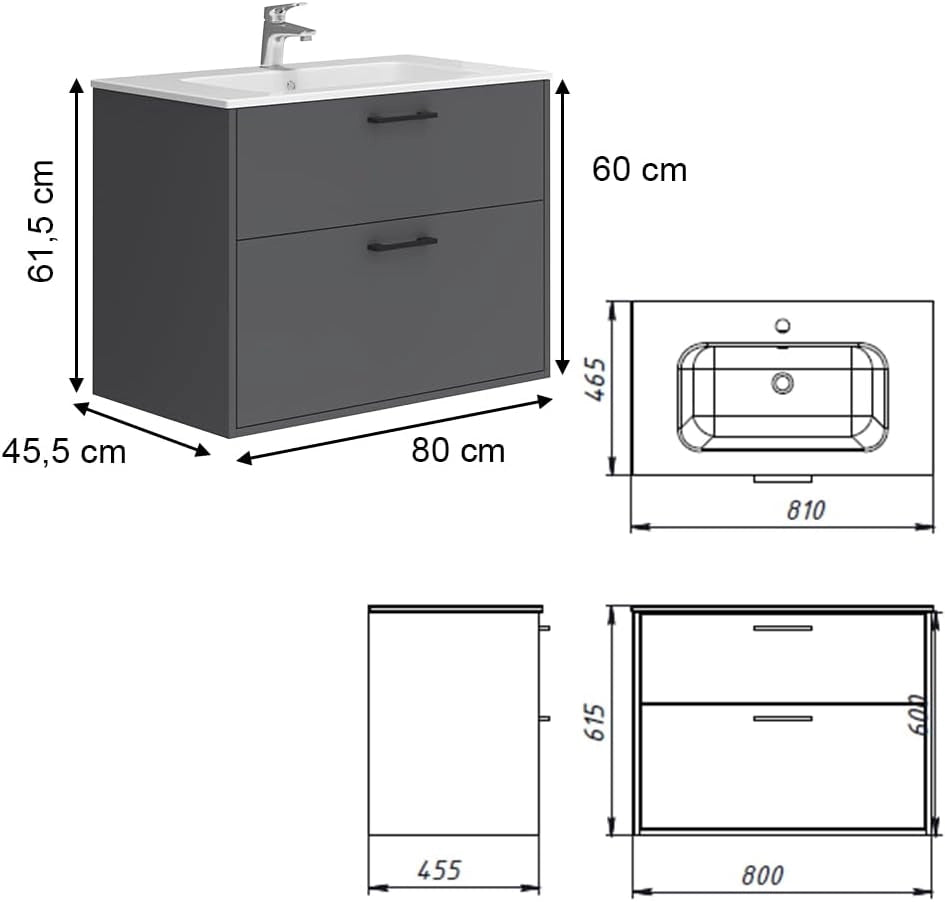 Set di mobili da bagno Lanco, Antracite, 80 x 61.5 cm con lavabo, composto da mobile sottolavabo e lavabo