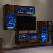Mobili TV a Muro con LED 5 pz-Credenza per TV sospesa Rovere Fumo in Legno Multistrato 720771