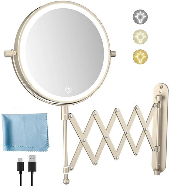 Specchio cosmetico USB ricaricabile con ingrandimento 1x/10x, 3 colori di illuminazione, specchio con braccio estendibile, specchio da parete 360° girevole per bagno e hotel (acciaio inossidabile)