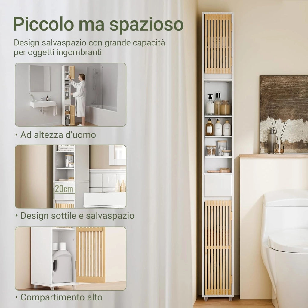 Mobile Bagno Salvaspazio Colonna Armadietto Alto con 6 Ripiani Regolabili, Colonna Bagno con Ante in Bambù, Mobile Alto e Stretto per Piccoli Spazi, Bianco, 20x20x180cm, BZR34-BW