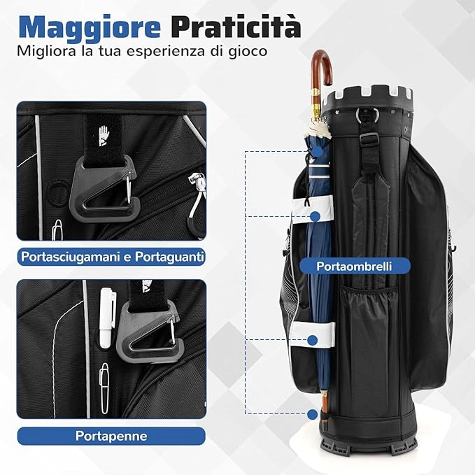 Borsa Carrello da Golf, Sacca da Golf con Serratura e Divisori a 14 Vie, 11 Tasche, Sacca Isolante, Tracolla Imbottita, Maniglie, Porta Ombrello e Cappuccio Antipioggia