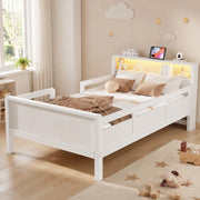 Letto singolo multifunzione 90x200 cm in legno bianco con LED; presa USB e USB-C; testiera con ripiano